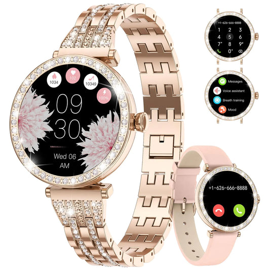Smart Watch Women for Android iPhone with Bluetooth Phone Calls 1.19” AMOLED Female Smartwatch Sport Fitness Tracker Heart Rate Sleep Monitor Diamond Smart Watch Ladies Rose Gold Steel Smartwatch