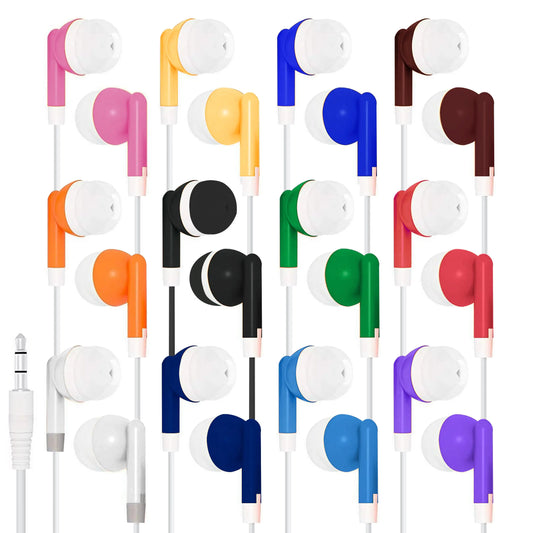 Deal Maniac 10 Pack Earphones Earbuds Headphones 3.5mm Plug Disposable 12 Assorted Colors (Individually Bagged) Ideal for Children Kids Students Classrooms Libraries Bulk Wholesale Pricing